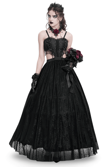 Black Lace Corset Dress with Rose Detail and Flowing Skirt